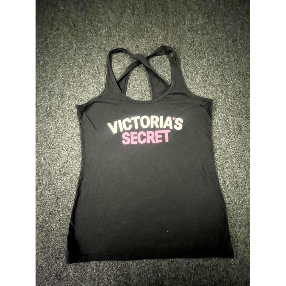 Victoria's Secret Strappy Tank Top Womens Medium Black Spellout Logo Round Neck